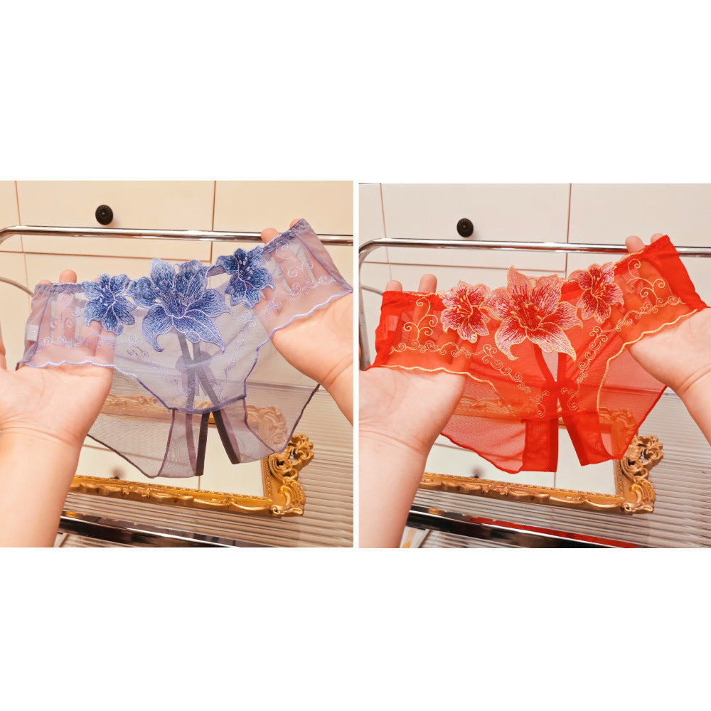 Image of A dropshipping summer thin embroidery hollow open mesh transparent sexy underwear women’s traceless low-waisted new